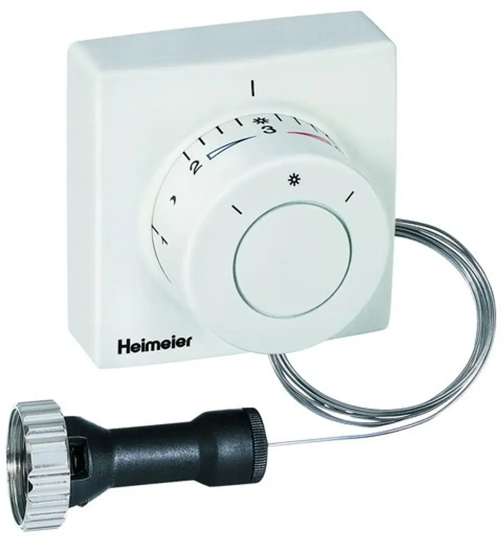 Thermostatkopf mit manuellem Einsteller und Kapillarrohr, gefertigt von IMI Hydronic Engineering, für präzise Temperaturregelung in Heizsystemen.